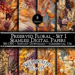 Papéis digitais sem costura de flores preservadas, uso comercial, download instantâneo, clipart de flores, flores secas, padrão floral