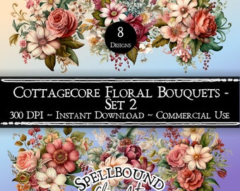 Cottagecore blombuketter digital clipart, kommersiellt bruk, omedelbar nedladdning, blommig clipart, PNG, vintageblommor