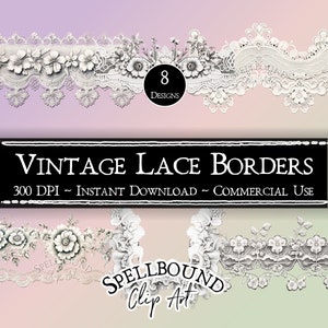 Clipart digitale con bordi in pizzo vintage, uso commerciale, download istantaneo, clip art di fiori, PNG, clipart vintage, clipart in pizzo, pizzo bianco
