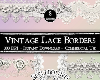 Vintage Lace Borders Digital Clipart, Commercial Use, Instant Download, Flower Clip Art, PNG, Vintage Clipart, Lace Clipart, White Lace