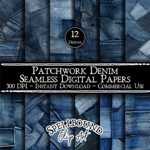 Patchwork Denim nahtlose digitale Papiere, kommerzielle Nutzung, sofortiger Download, Clipart, Denim Hintergrund, Jeans, Kleidung Hintergrund, Mode