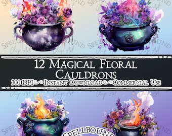Calderos de brujas mágicas Imágenes prediseñadas digitales, uso comercial, descarga instantánea, imágenes prediseñadas paganas de Halloween Wiccan, PNG