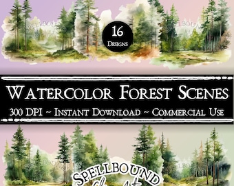 Watercolor Forest Scenes Digital Clipart, Commercial Use, Instant Download, Nature Clip Art, PNG, Tree Clipart, Forest Clipart