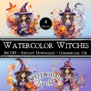 Watercolor Witches Digital Clipart, Commercial Use, Instant Download, Witch Clip Art, PNG