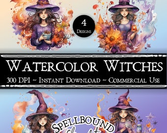 Watercolor Witches Digital Clipart, Commercial Use, Instant Download, Witch Clip Art, PNG