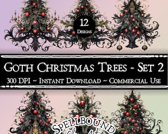 Goth Christmas Trees Digital Clipart, Commercial Use, Instant Download, Christmas Clip Art, Gothic Christmas, PNG