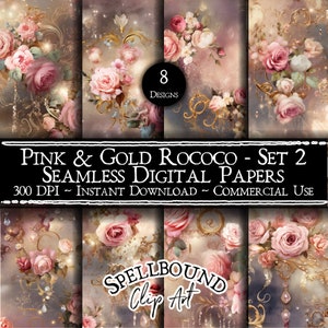 Rosa & Gold Barock Tapete Nahtlose digitale Papiere, kommerzielle Nutzung, Sofortiger Download, Rokoko Clipart, Valentinstag, Romantische Clipart