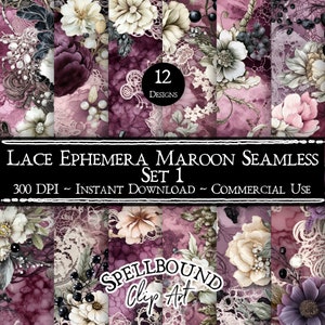 Papiers numériques sans couture éphémères dentelle bordeaux, usage commercial, téléchargement immédiat, clipart fleur, clipart vintage