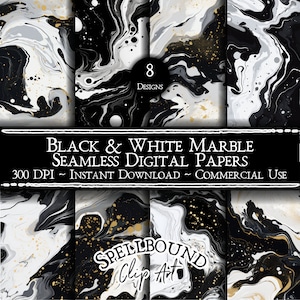 May include: Eight black and white marble seamless digital papers with gold accents. 300 DPI. Instant download. Commercial use. Spellbound Clip Art.