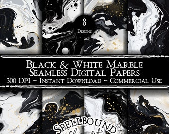 Black and White Marble Seamless Digital Papers, Commercial Use, Instant Download, Marble Clipart, Clip Art