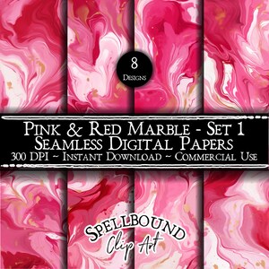 May include: Set of 8 digital papers featuring pink and red marble patterns with gold accents. Seamless designs for crafting and design projects. 300 DPI - Instant Download - Commercial Use.