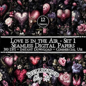 Heart Flowers Seamless Digital Papers, Commercial Use, Instant Download, Heart Clipart, Valentine's Day, Gothic Clipart, Flower Background