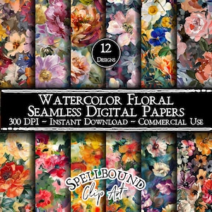Watercolor Floral Seamless Digital Papers, Commercial Use, Instant Download, Abstract Flower Clipart, Watercolor Flowers, Vintage Flowers