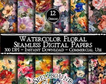 Watercolor Floral Seamless Digital Papers, Commercial Use, Instant Download, Abstract Flower Clipart, Watercolor Flowers, Vintage Flowers