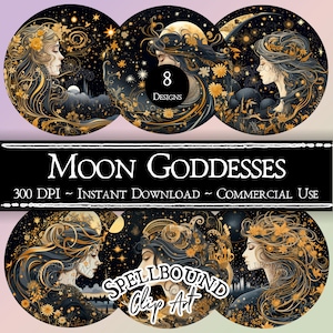 Moon Goddess Digital Clipart, Commercial Use, Instant Download, Blue and Yellow Goddesses Clip Art, Celestial Clipart, Mystical Clipart, PNG