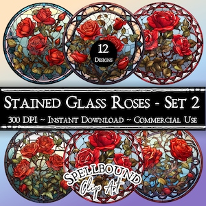 Stained Glass Roses Digital Clipart, Commercial Use, Instant Download, Floral Stained Glass Window, Red Rose Clip Art, Stained Glass Window
