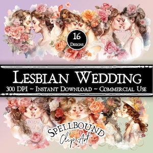 Imágenes prediseñadas digitales de boda lésbica, uso comercial, descarga instantánea, clip art gay, PNG, imágenes prediseñadas LGBTQ, imágenes prediseñadas del día de San Valentín, barroco