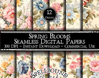 Spring Blooms Floral Seamless Digital Papers, Uso comercial, Descarga instantánea, Victoriano, Fondo de pantalla vintage, Floral rococó, Clipart de primavera