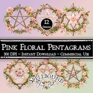 Pentagramas florais rosa clipart digital, uso comercial, download instantâneo, clipart pagão, clipart wiccan, clipart de bruxa, PNG, pentagrama