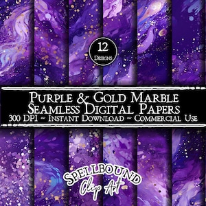 Papéis digitais sem costura de mármore roxo e dourado, uso comercial, download instantâneo, clipart de mármore, clipart