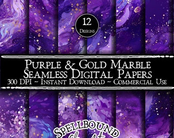 Purple and Gold Marble Seamless Digital Papers, Commercial Use, Instant Download, Marble Clipart, Clip Art