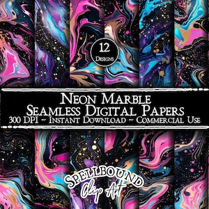 Puede incluir: Doce papeles digitales con un patrón de mármol de neón sin costuras en tonos de rosa, azul, morado y dorado sobre un fondo negro. El texto "NEON MARBLE SEAMLESS DIGITAL PAPERS 300 DPI - INSTANT DOWNLOAD - COMMERCIAL USE" se muestra en una pancarta negra.