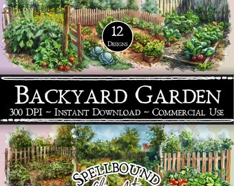 Clipart digitale del giardino nel cortile, uso commerciale, download istantaneo, clipart di frutta e verdura, clipart di giardinaggio, PNG, clipart alimentare