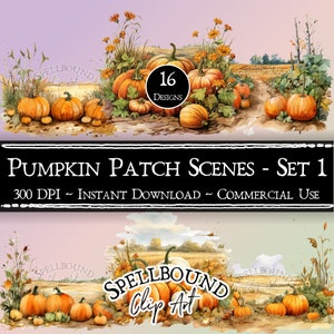 May include: A set of 16 digital illustrations of pumpkin patch scenes. The illustrations feature pumpkins of various sizes and colors, along with fall foliage and a rustic background. The text "SPELLBOUND Clip Art" is visible in the bottom right corner of the image.