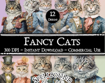Fancy Cats Digital Clipart, Commercial Use, Instant Download, Cat Clipart, Victorian, Rococo, Baroque, Animal Clipart, Pets Clipart