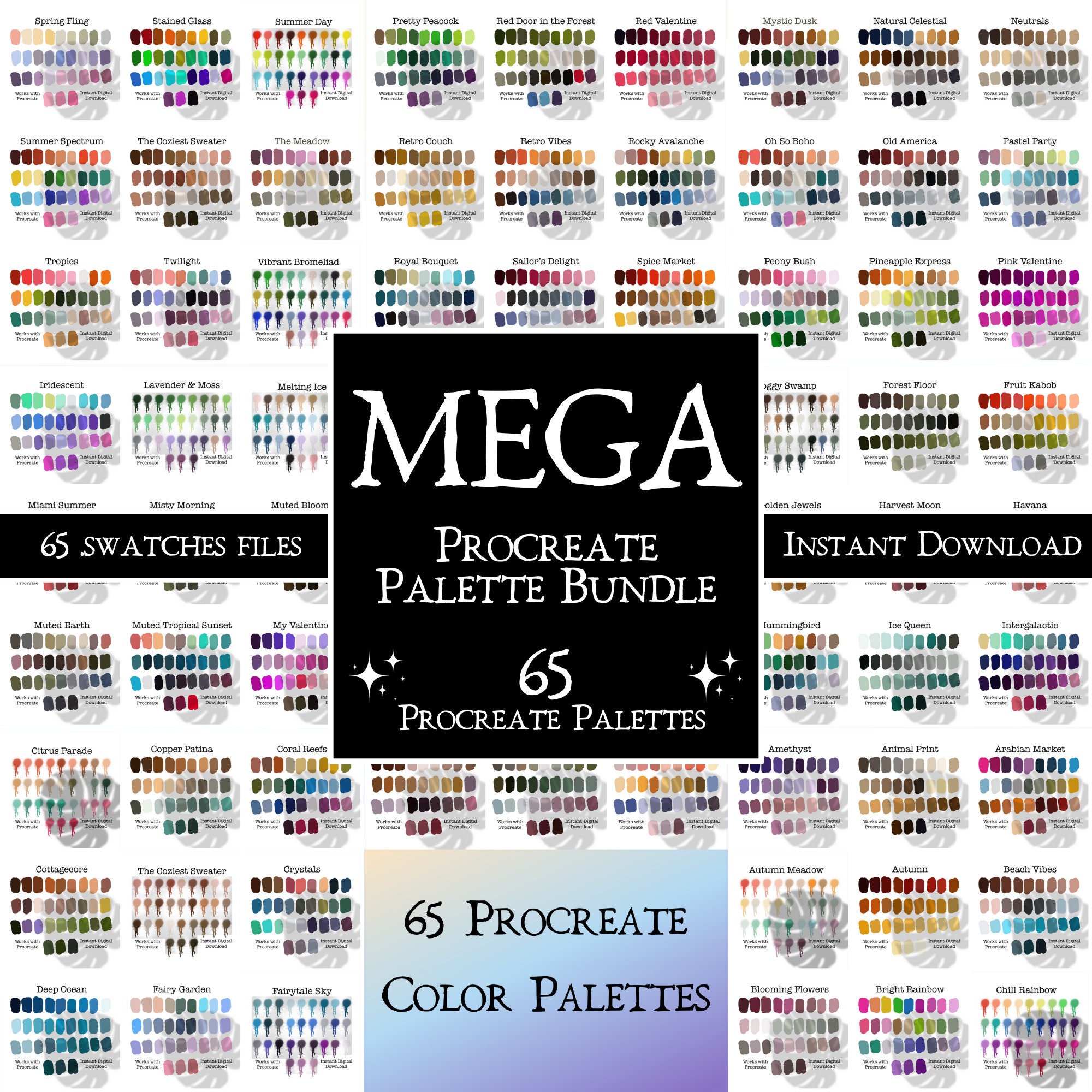 Pack de palettes de couleurs Procreate – 65 swatches cohérents : vives, pastel et sourdes pour iPad