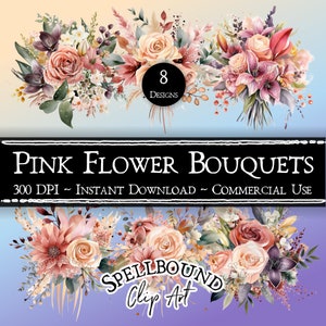 Pink Flower Bouquets, Digital Clipart, Commercial Use, Instant Download, Flower Clip Art, PNG