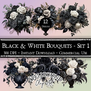 Black and White Flower Bouquets Digital Clipart, Commercial Use, Instant Download, Goth Flowers, PNG, Roses, Goth Clipart, Valentine&#39;s Day