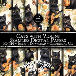 Cats with Violins Seamless Digital Papers, Commercial Use, Instant Download, Flower Clipart, Cat Clipart, Violin Clipart, Music Clipart