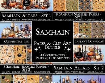 May include: A digital collage of Halloween themed clip art and seamless paper designs. The collage features images of pumpkins, candles, skulls, and cauldrons. The text "Samhain Paper & Clip Art Bundle" is displayed in the center of the collage. The text "Spellbound Clip Art" is displayed in the bottom corners of the collage.