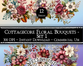 Cottagecore blombuketter digital clipart, kommersiellt bruk, omedelbar nedladdning, blommig clipart, PNG, vintageblommor