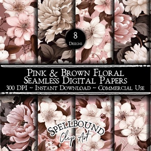 Papéis digitais florais sem costura rosa e marrom, uso comercial, download instantâneo, clipart vintage, papel de parede vintage, flores grandes