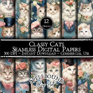 Papiers numériques sans couture chats élégants, usage commercial, téléchargement immédiat, clipart fleur, clipart chat, chats rigolos, motif fleur