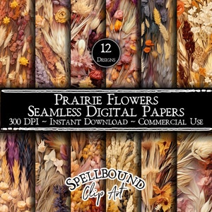 Prairie Flowers Papéis digitais sem costura, uso comercial, download instantâneo, clipart de flores, flores secas, padrão floral, flores em conserva