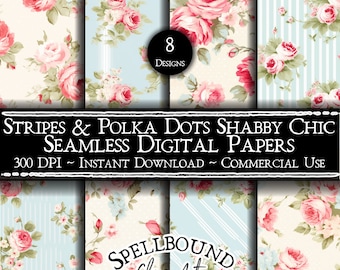 Strepen en stippen shabby chic naadloos digitaal papier, commercieel gebruik, instant download, vintage bloemenbehang, decor boerderij
