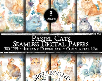 Pastel Cats Seamless Digital Papers, Commercial Use, Instant Download, Flower Clipart, Cat Clipart, Watercolor Cats, Seamless Pattern