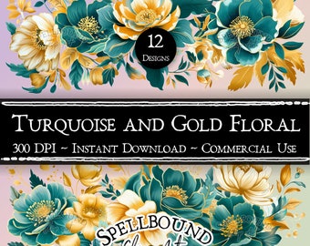 Turquoise & gouden bloemenboeketten digitale clipart, commercieel gebruik, Instant Download, bloemillustraties, PNG, Teal bloemen, digitale ephemera