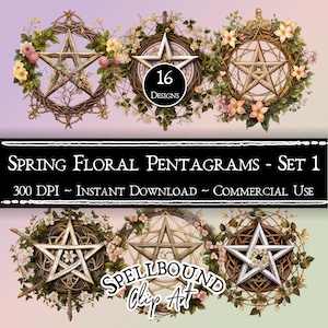Clipart digital de pentagramas florais de primavera, uso comercial, download instantâneo, clipart pagão, clipart wiccan, clipart de bruxa, PNG, pentagrama