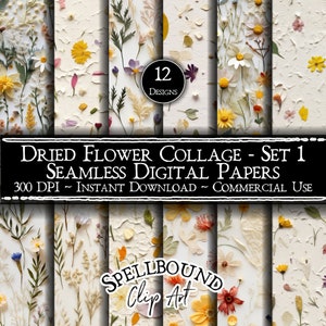 Handgepresstes Papier, nahtlose digitale Papiere, kommerzielle Nutzung, sofortiger Download, Blumen-Clipart, getrocknete Blumen, Collage