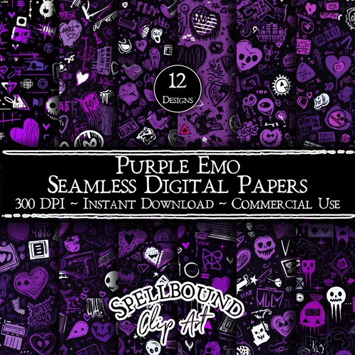 Purple Emo Seamless Digital Papers, Commercial Use, Instant Download, Punk, Grunge, Valentine's Day, Purple and Black, Seamless Pattern