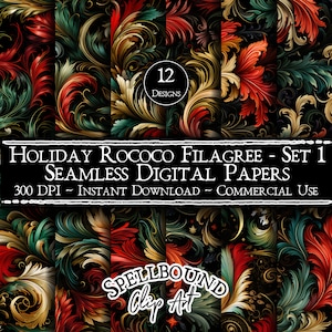 Vacances rococo filagree sans couture papiers numériques, usage commercial, téléchargement immédiat, clipart Noël vintage, papier de Noël