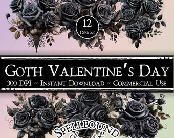 Black Flower Bouquets Digital Clipart, Commercial Use, Instant Download, Goth Flowers, PNG, Roses, Goth Clipart, Goth Valentine's Day
