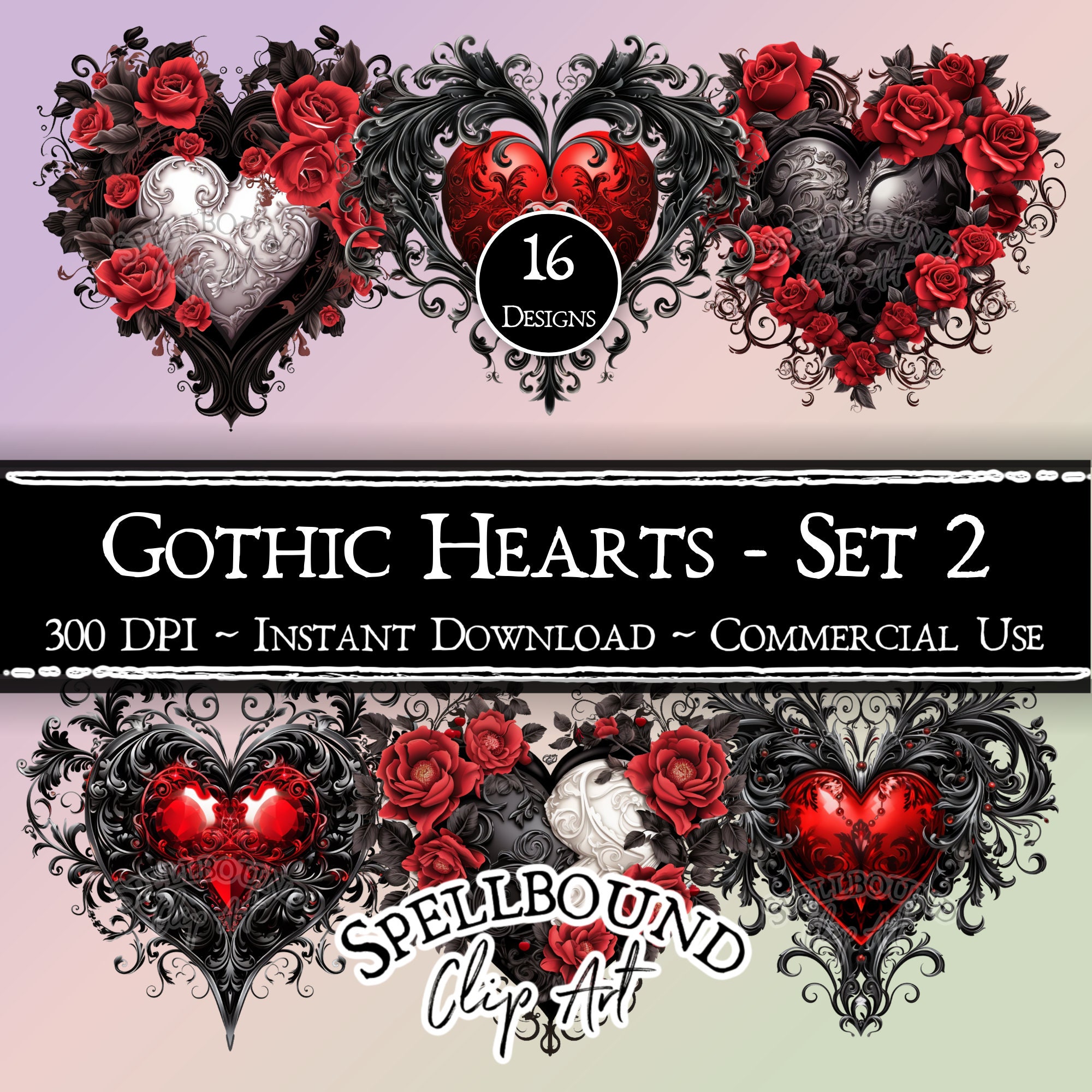 Goth Hearts Digital Clipart, Commercial Use, Instant Download