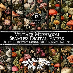 Vintage Mushroom Seamless Digital Papers, Commercial Use, Instant Download, Vintage Clipart, Mushroom Clip Art, Large Flowers
