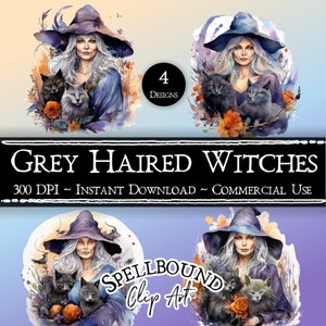 Watercolor Grey Hair Witches Digital Clipart, Commercial Use, Instant Download, Forest Witch Clip Art, PNG