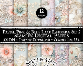 Pastel Blue and Pink Lace Ephemera Seamless Digital Papers, Commercial Use, Instant Download, Flower Clipart, Seamless Pattern, Vintage